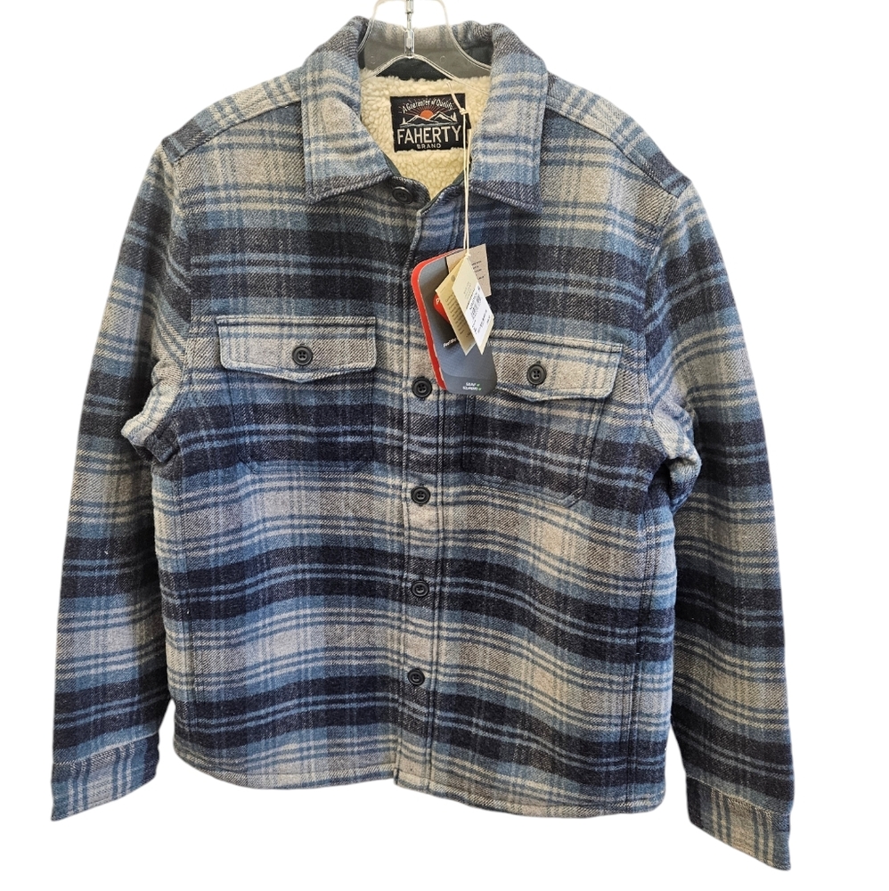 Faherty High Pile Fleece Lined Organic Cotton Wool Sherpa Shacket Plaid Mens NEW